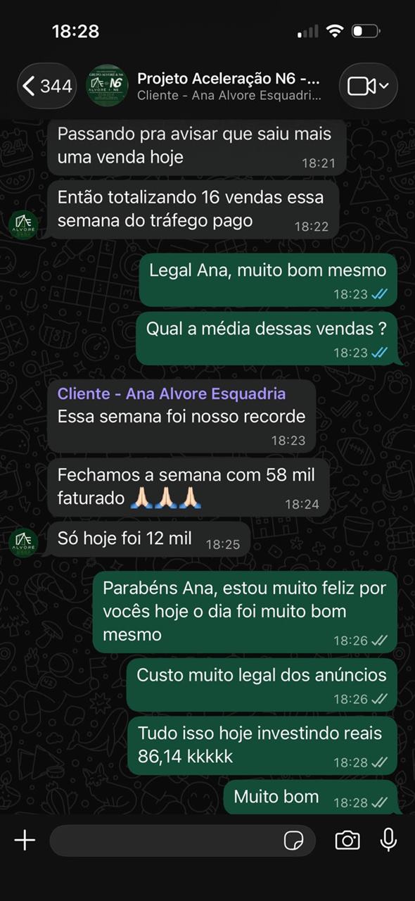 Print de conversa de WhatsApp com Ana, da Alvore Esquadrias, relatando R$58 mil faturados na semana