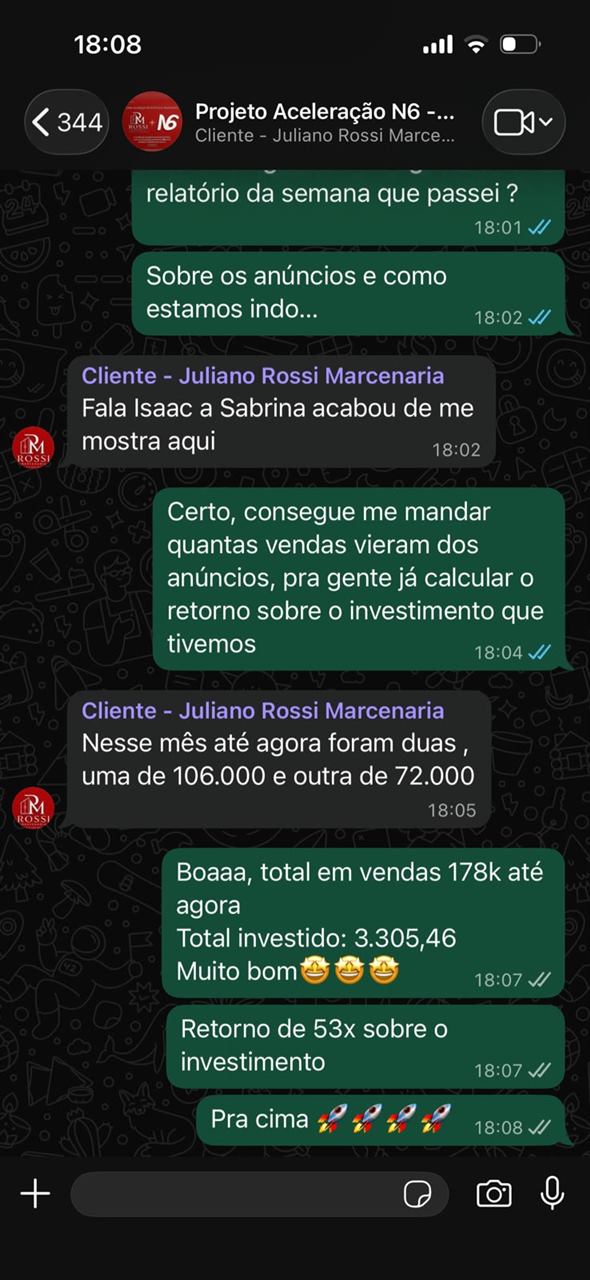 Print de conversa de WhatsApp com Juliano, da Rossi Marcenaria, relatando R$178 mil em vendas e 53x de retorno
