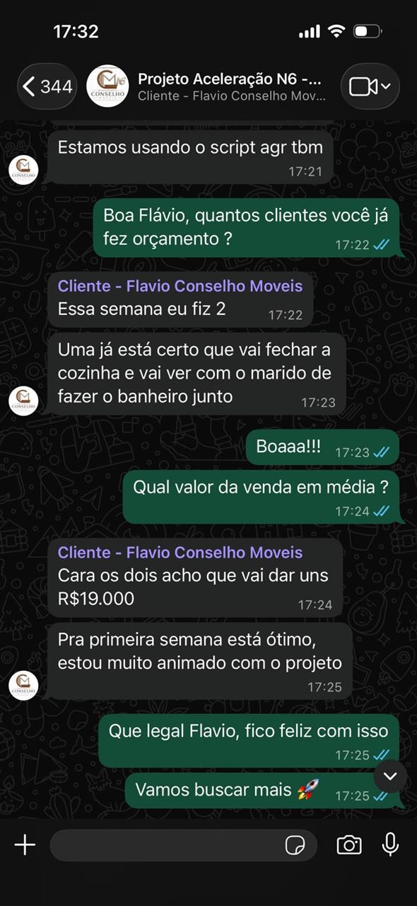 Print de conversa de WhatsApp com Flávio, da Conselho Móveis, relatando R$19 mil na primeira semana