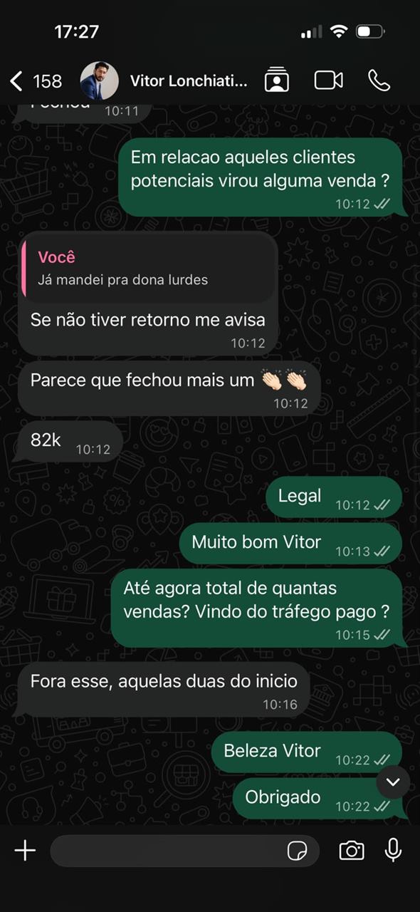 Print de conversa de WhatsApp com Vitor Lonchiati, cliente N6, comemorando venda de R$82 mil